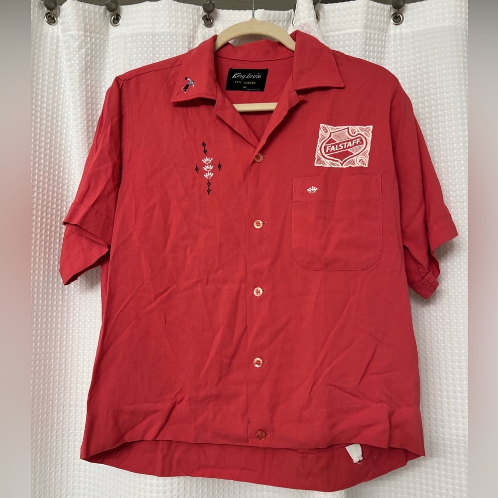 King Louie, women’s bowling shirt, vintage, medium, pink